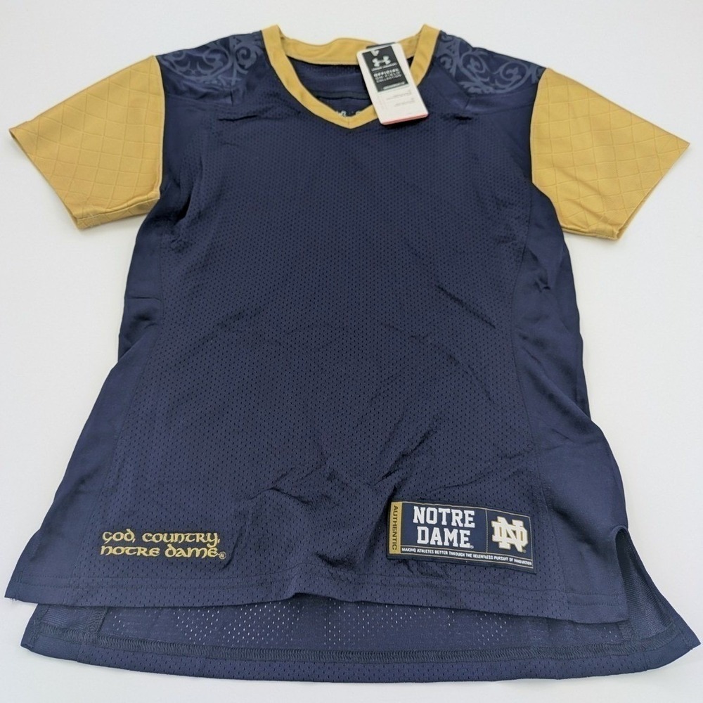 NWT Under Armour Notre Dame Fighting‎ Irish Jersey Shirt Women's Small Blue Gold
